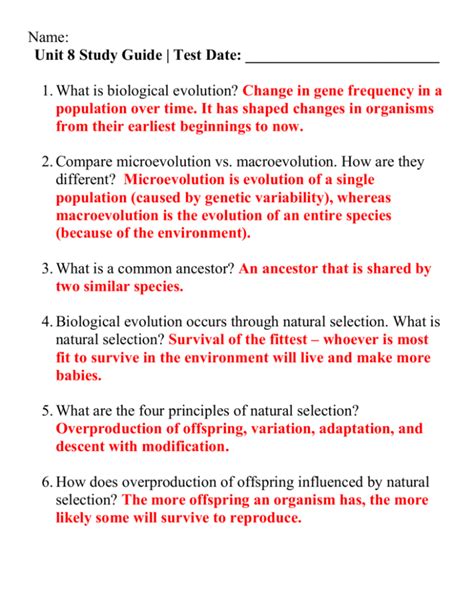 Large changes in anatomy, ecology, and behavior. . Evolution review for biology answer key